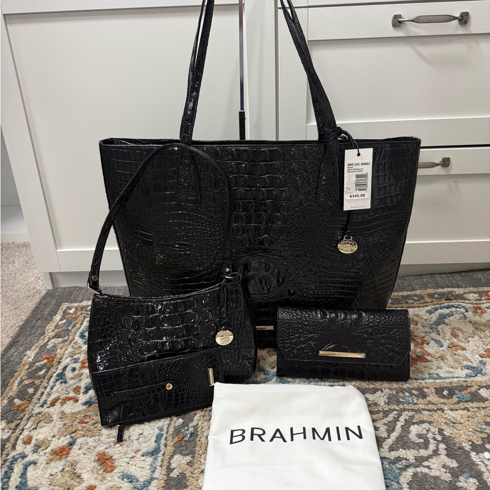 Brahmin Black Croc-Embossed Leather Tote Bag Set
